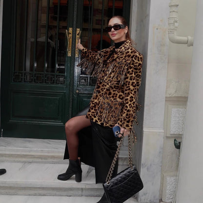 Women Short Faux Fur Blouson with Leopard Print and Fringe EVA-US