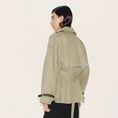 Women Short Boxy Trench Coat with Wide Lapels, Shoulder Straps and Adjustable Cuffs EVA-US