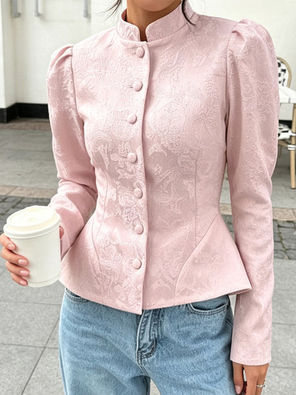 Women's tailored jacquard blouse with stand-up collar and decorative button placket EVA-US