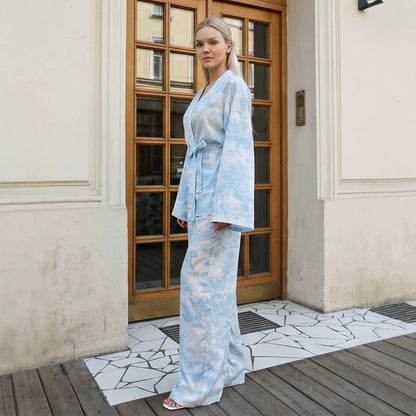 Ladies Two-Piece Wrap Set in Kimono Style with Wide Leg EVA-US