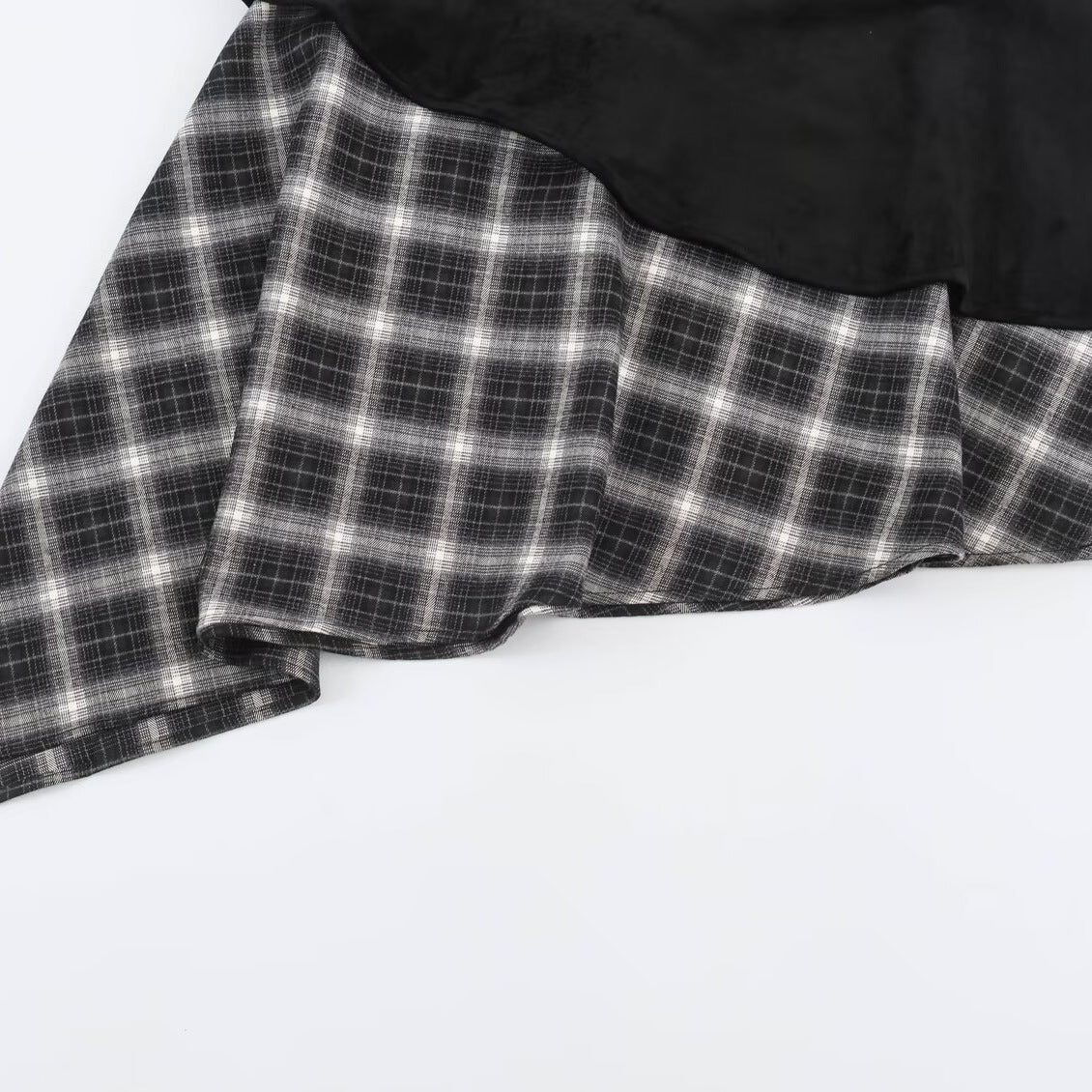 Women's asymmetrical layered skirt with faux leather overlay and checked chiffon ruffle EVA-US