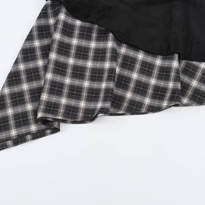 Women's asymmetrical layered skirt with faux leather overlay and checked chiffon ruffle EVA-US