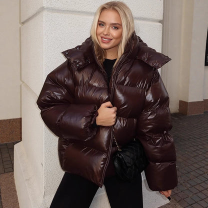 Ladies Oversized Padded Jacket in Patent Look with High Collar and Padded Lining EVA-US