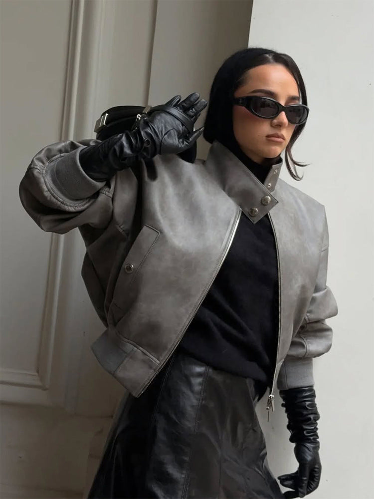 Women Short Oversized Faux Leather Bomber with High Stand-Up Collar and Snap Button Details EVA-US
