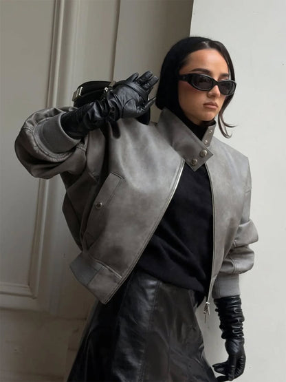 Women Short Oversized Faux Leather Bomber with High Stand-Up Collar and Snap Button Details EVA-US