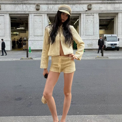 Women Two-Piece Boucle Set with Short Jacket and Drawstring Shorts EVA-US