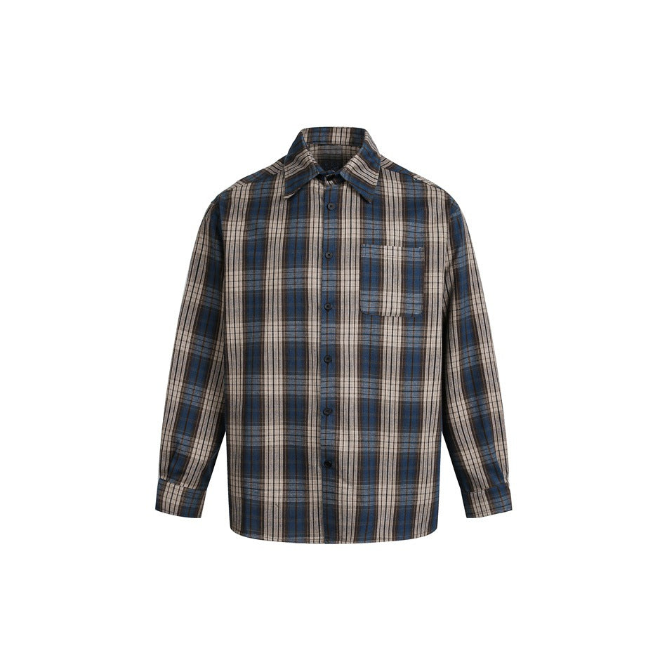 Men's Boxy Flannel Shirt Jacket with Checked Jacquard and Patch Chest Pocket EVA-US