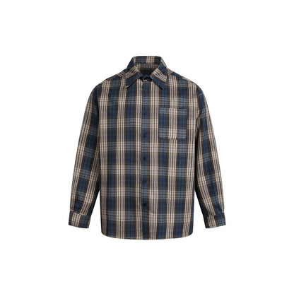 Men's Boxy Flannel Shirt Jacket with Checked Jacquard and Patch Chest Pocket EVA-US