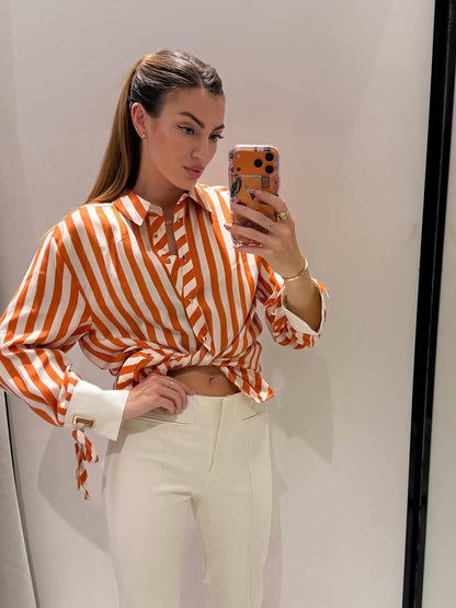 Women Striped Oversize Shirt Blouse with Contrasting Cuffs & Knot Ends EVA-US