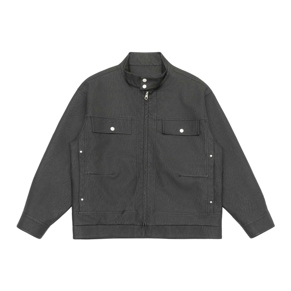 Unisex Boxy-Faux Leather Blouson Jacket with Stand Collar and Flap Pockets EVA-US