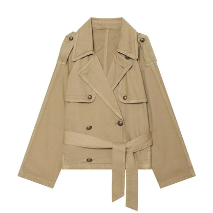 Women Cropped Trench Cape Jacket with double-breasted button placket, shoulder patches and tie belt EVA-US