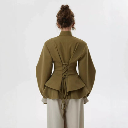 Women's tailored jacket with stand-up collar, cut-out and balloon sleeves EVA-US