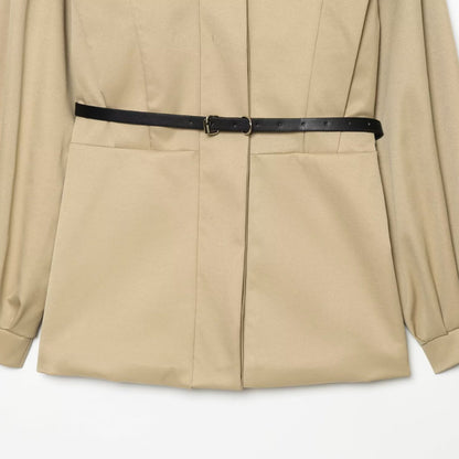 Women Short Cape Trench with High Funnel Collar and Waist Belt EVA-US