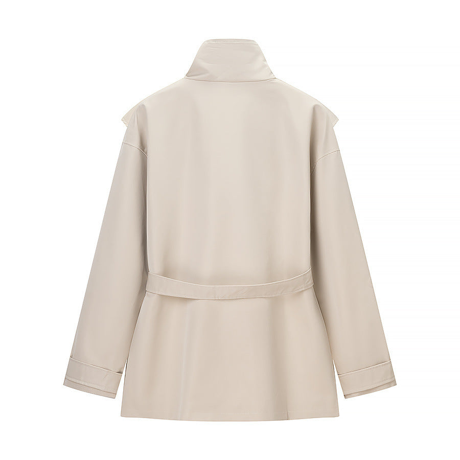 Ladies short trench coat with cape detail, stand-up collar and tie belt EVA-US