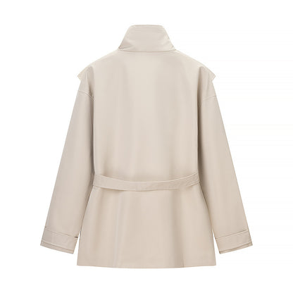 Ladies short trench coat with cape detail, stand-up collar and tie belt EVA-US