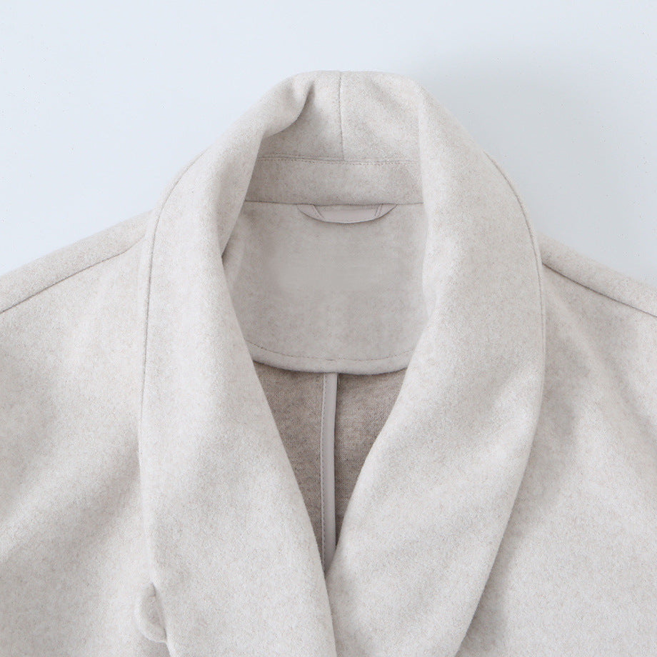 Women's Midi-Length Wool Blend Coat with Shawl Collar and Tie Belt EVA-US