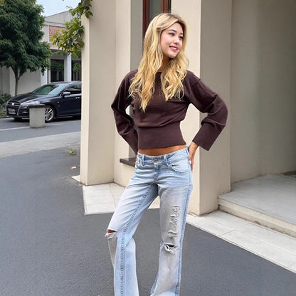 Women's Cropped Fine Knit Sweater with Wide Cuff Sleeves and Tailored Ribbed Hem EVA-US