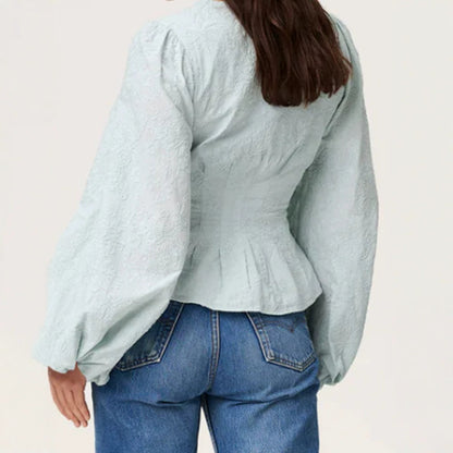 Women’s jacquard lace blouse with tailored peplum and balloon sleeves EVA-US