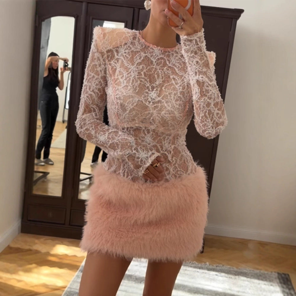 Women's Transparent Lace Bodysuit with Long Sleeve and Plush Mini Dress Set EVA-US