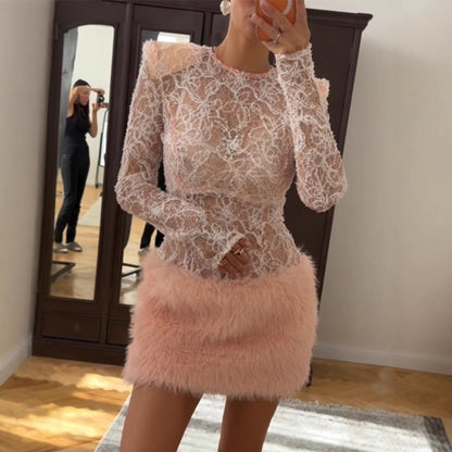 Women's Transparent Lace Bodysuit with Long Sleeve and Plush Mini Dress Set EVA-US