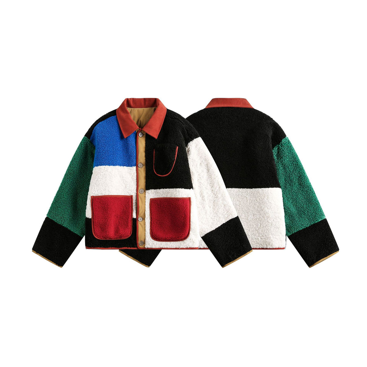 Unisex Boxy Patchwork Sherpa-Fleece Jacket with Cord Collar and Patch Pockets EVA-US