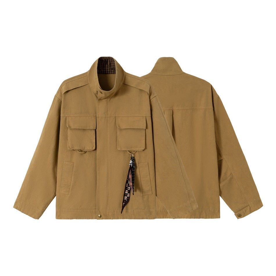 Men's short-cut rugged field jacket made of cotton canvas with stand-up collar and patch pockets EVA-US
