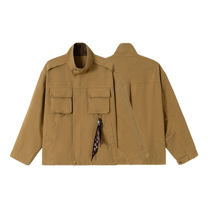 Men's short-cut rugged field jacket made of cotton canvas with stand-up collar and patch pockets EVA-US