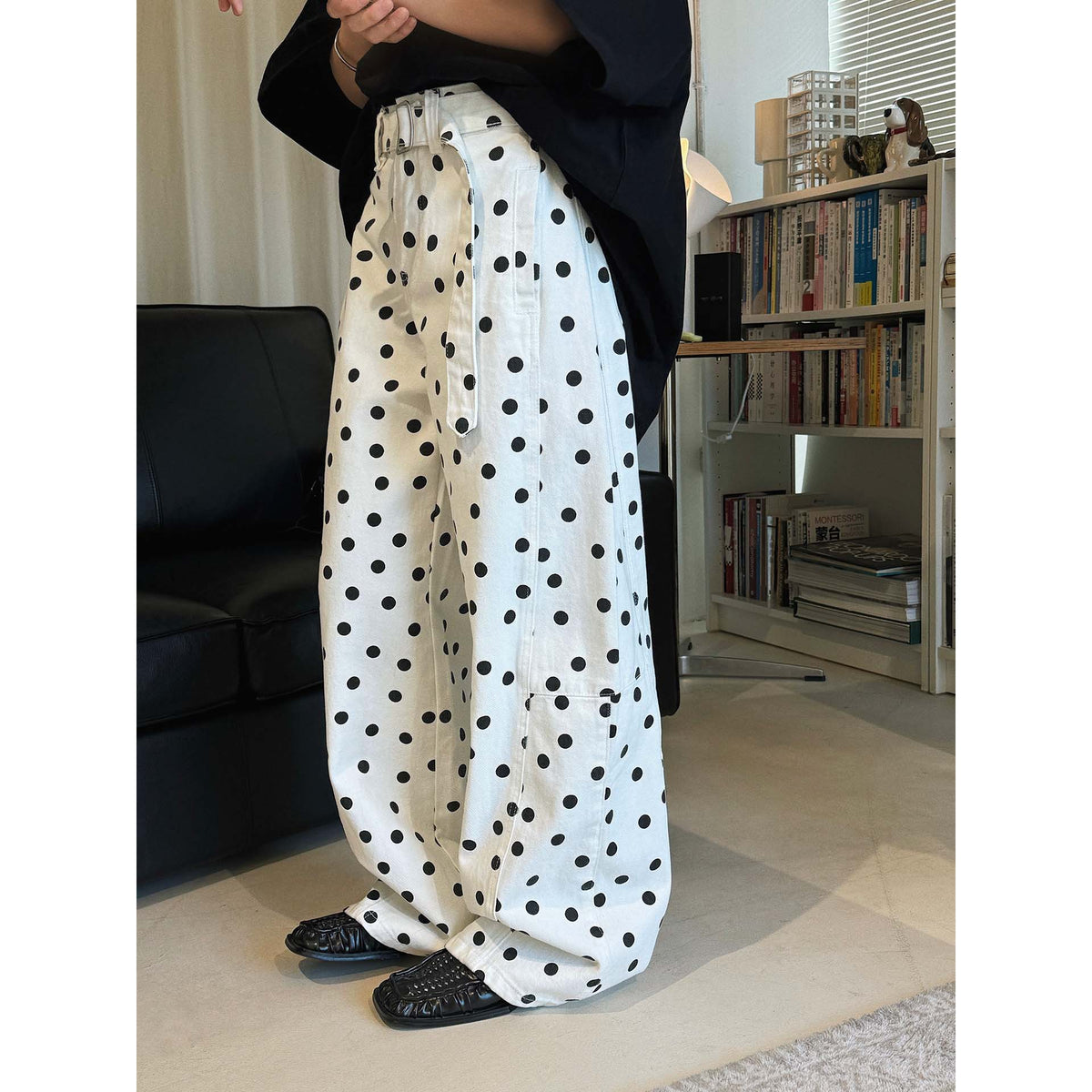 Women Wide High-Waisted Jeans Pants with Polka Dot Pattern and Wide Leg EVA-US