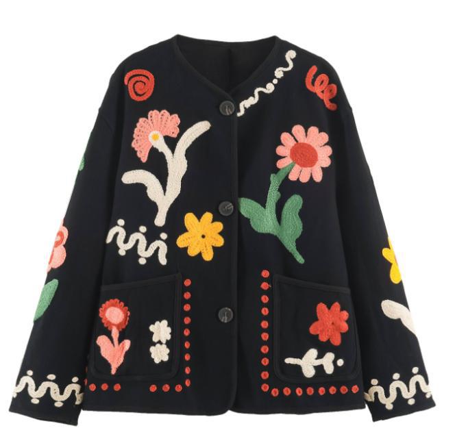 Women's embroidered boxy jacket with floral application and patch pockets EVA-US