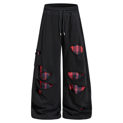 Women's wide Destroyed Jogging Pants in Grunge style with checked lining patches EVA-US