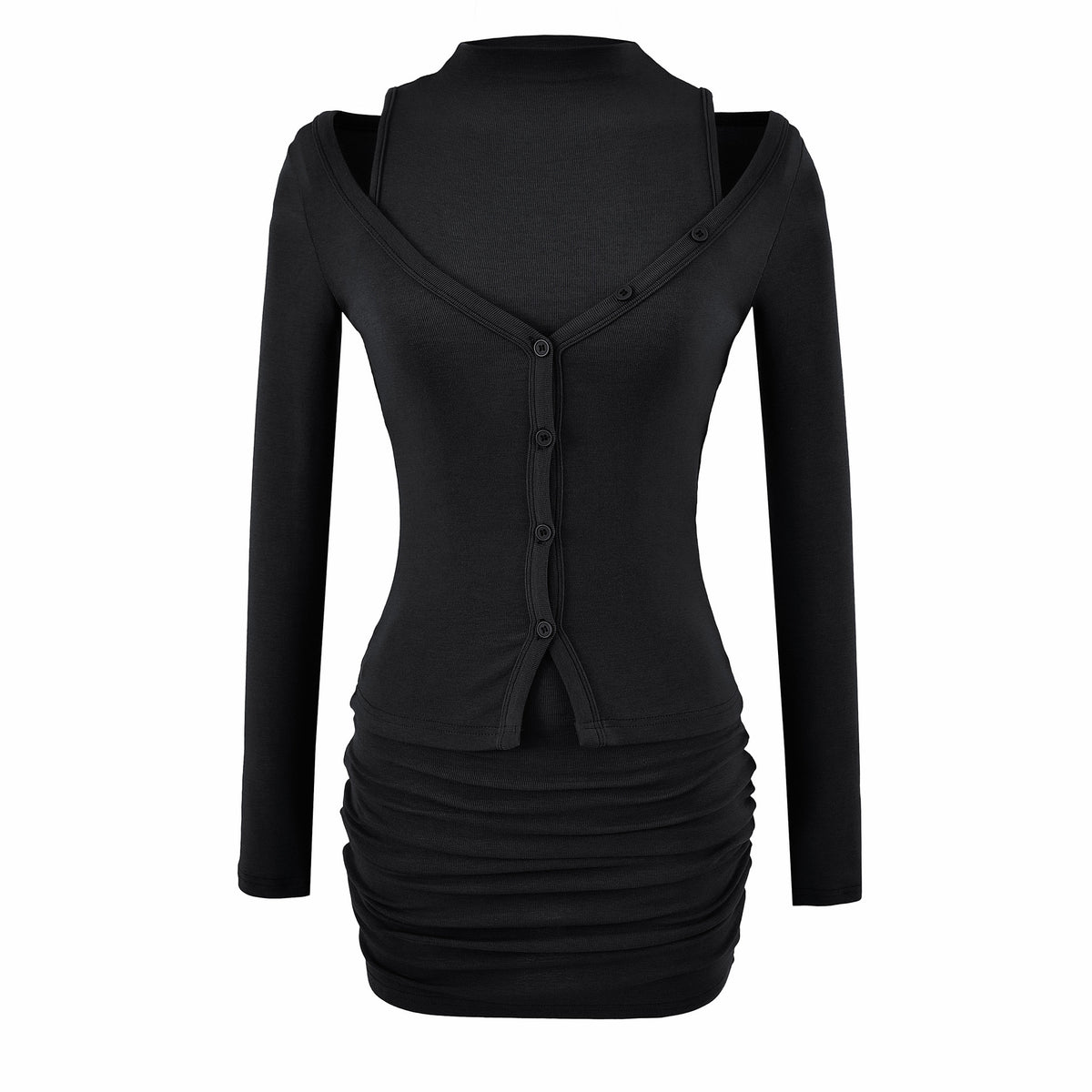 Ladies two-piece knit set with integrated high neck vest and asymmetric button cardigan EVA-US