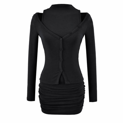 Ladies two-piece knit set with integrated high neck vest and asymmetric button cardigan EVA-US