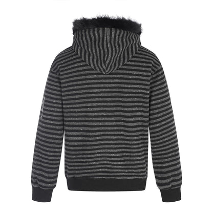 Unisex hoodie zip jacket with faux fur trim, striped pattern and front print EVA-US