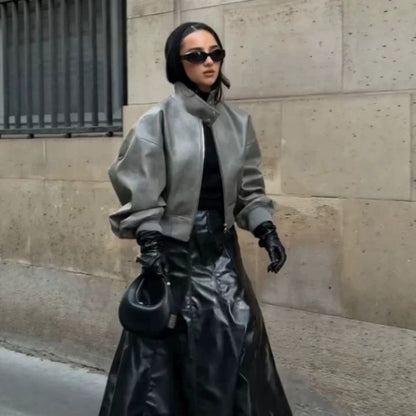 Women Short Oversized Faux Leather Bomber with High Stand-Up Collar and Snap Button Details EVA-US