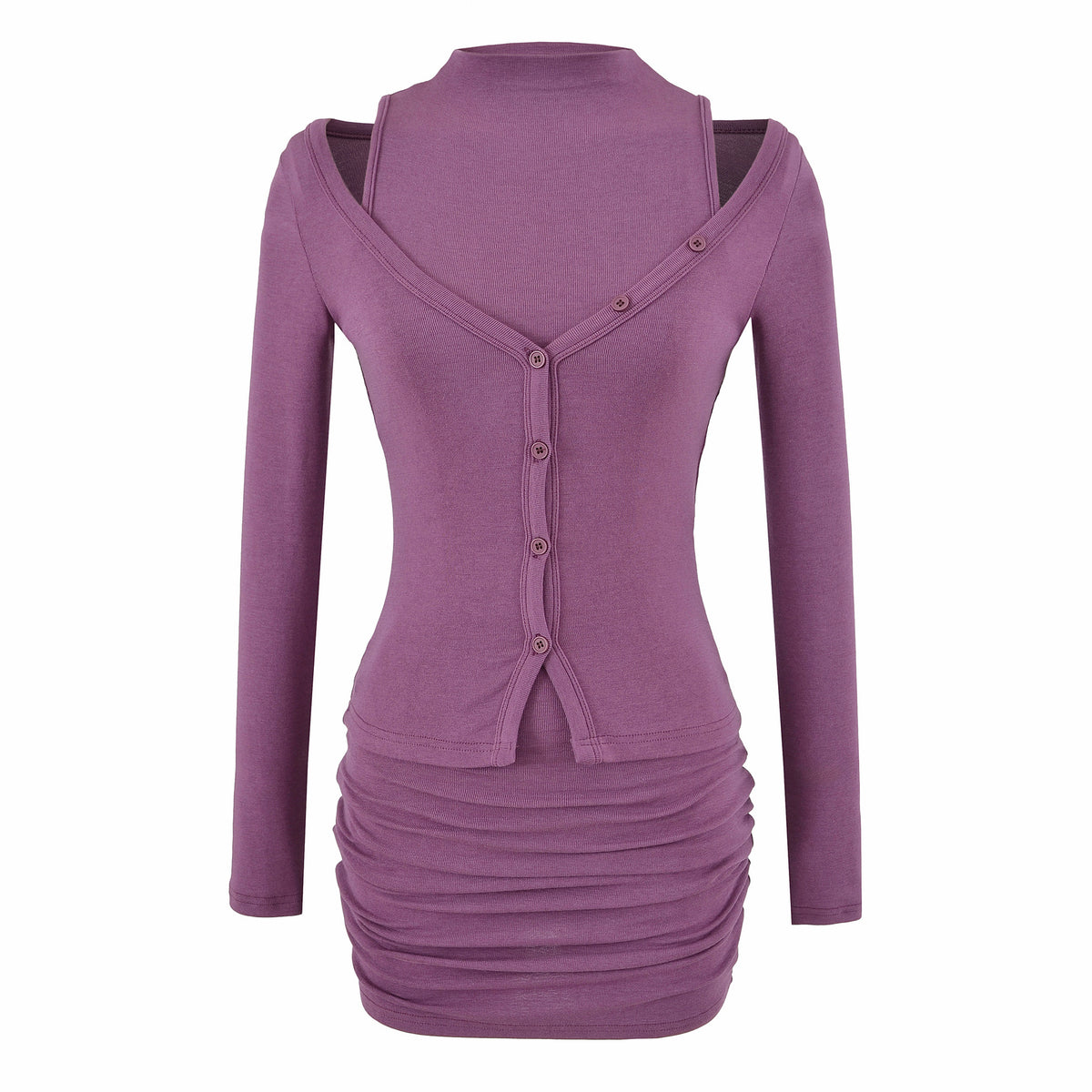 Ladies two-piece knit set with integrated high neck vest and asymmetric button cardigan EVA-US