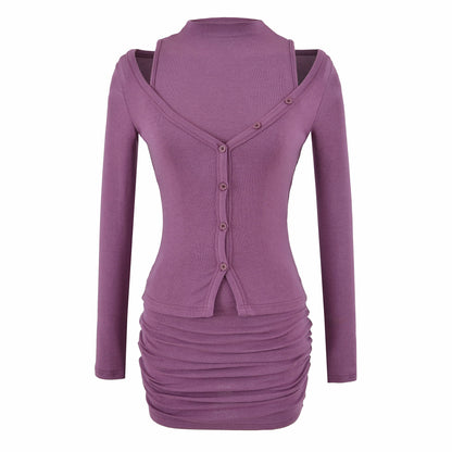 Ladies two-piece knit set with integrated high neck vest and asymmetric button cardigan EVA-US
