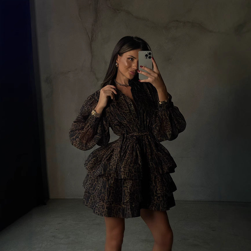 Women Transparent Ruffle Mini Dress with Shirt Collar, Balloon Sleeves and Waist Belt EVA-US