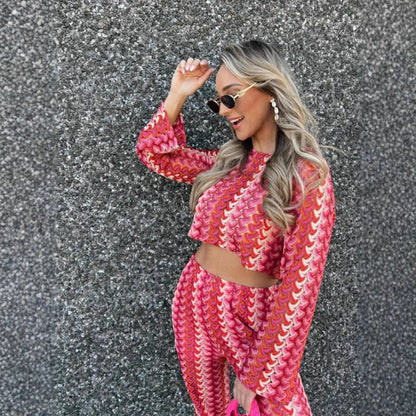 Women Crocheted Two-Piece Lounge Set with Short Sweater and High-Waisted Palazzo Pants EVA-US