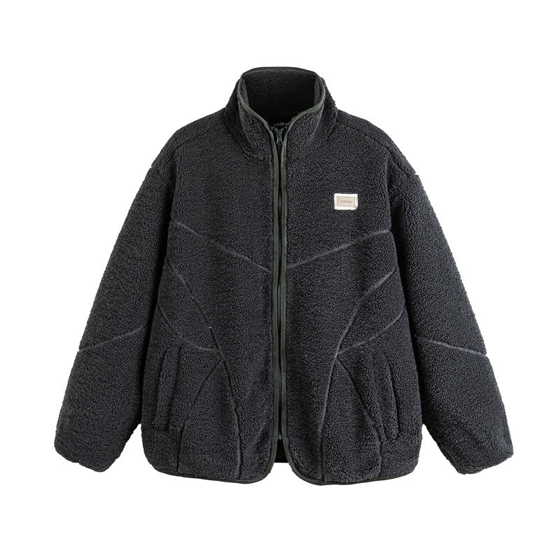 Unisex Teddy-Fleece-Bomber Jacket with Stand Collar and Geometric Seam Design EVA-US
