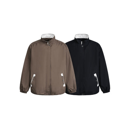 Unisex short-cut lightweight windbreaker jacket with standing collar, concealed zipper, and contrasting patch pockets EVA-US