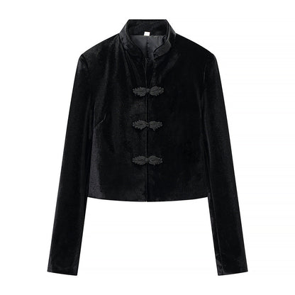 Women's Cropped Jacket in Mandarin Style with Stand Collar and Decorative Knot Closures EVA-US
