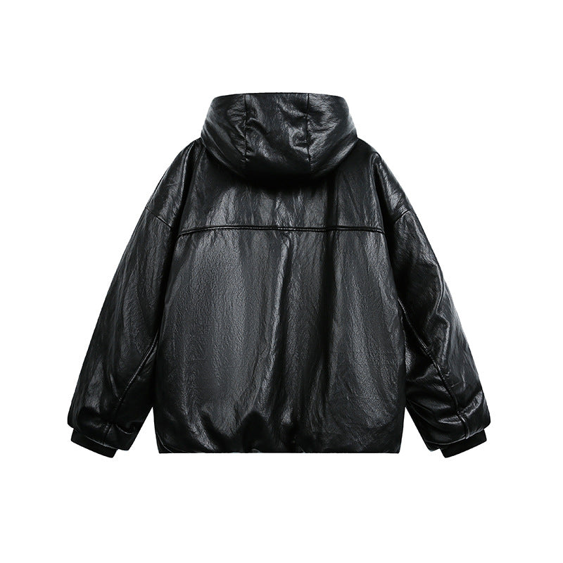 Men's Oversized Faux Leather Jacket with Hood and Zipper EVA-US