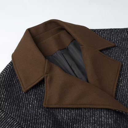 Women Long Wool Herringbone Coat with Tie Belt and Large Notched Collar EVA-US