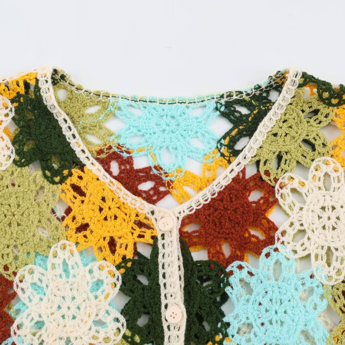 Women's Lightweight Crochet Cardigan with Floral Crochet Patterns and Button Placket EVA-US