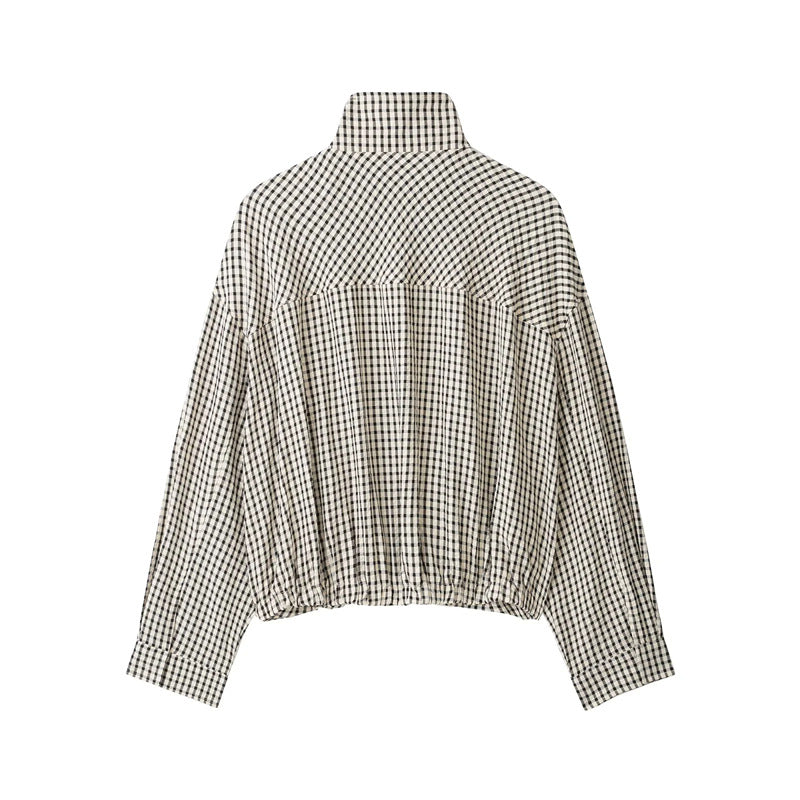 Women’s short-cut checked blouson jacket with stand-up collar, elastic hem, and concealed zipper EVA-US