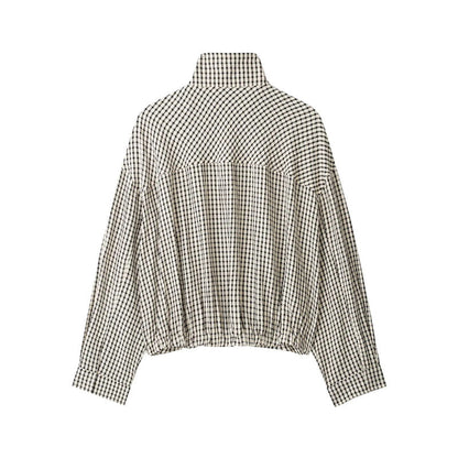 Women’s short-cut checked blouson jacket with stand-up collar, elastic hem, and concealed zipper EVA-US