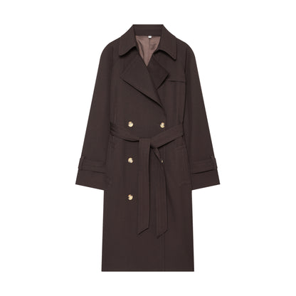Women Mid-length Double-breasted Trench Coat with Wide Lapels and Waist Tie Belt EVA-US