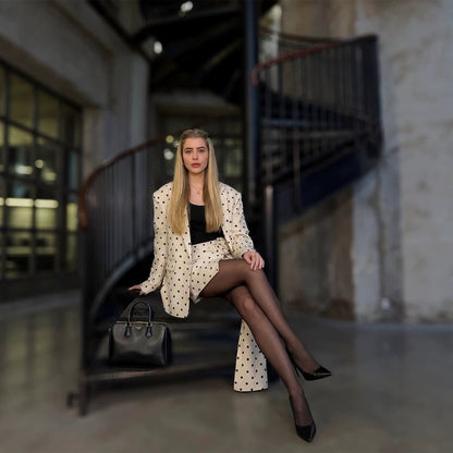 Women Two-Piece Blazer and Wrap Mini Skirt Set with Dots and Decorative Bow EVA-US