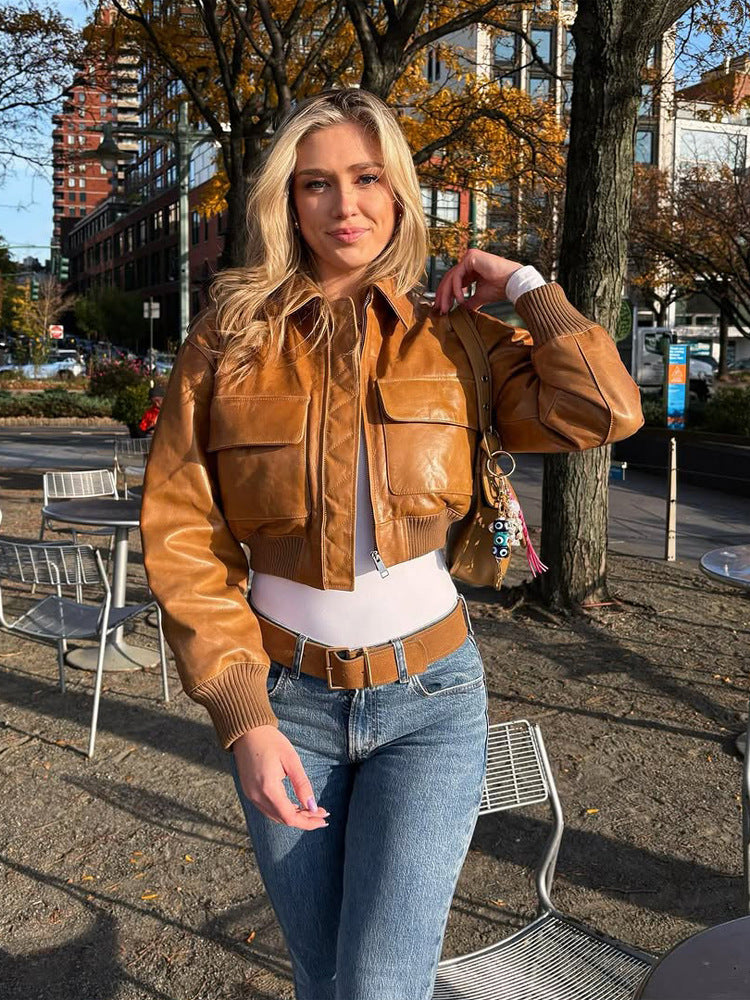 Women's Short Leather-Look Blouson Jacket with Large Flap Pockets and Ribbed Cuff EVA-US