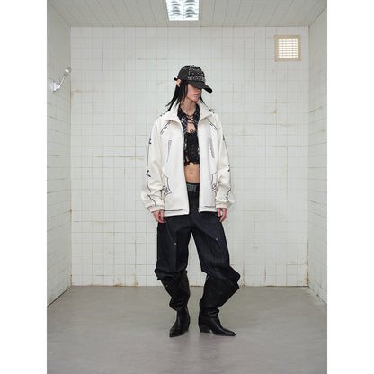 Unisex Oversize Fleece Jacket with Stand-Up Collar and Graphic Sketch Print EVA-US